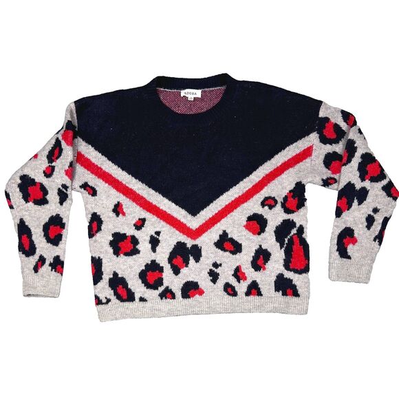 Anthro Adora Sweater Women's Small Gray/Black/Red Leopard Long Sleeve - Picture 1 of 9